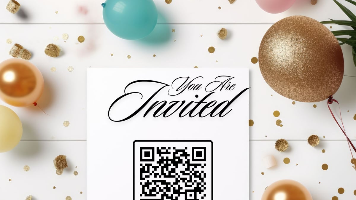 Invitation-with-a-QR-code-sorrounded-by-balloons-and-confetti